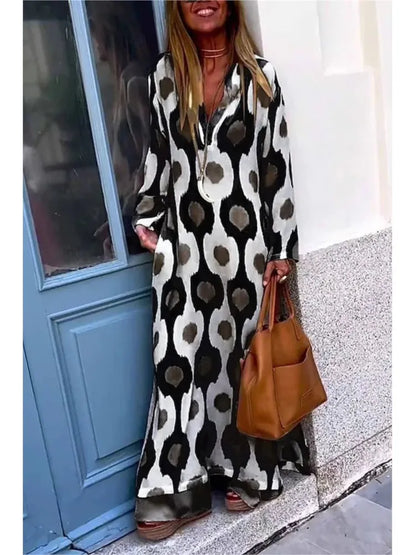 Amy Fashion - Geometric Printing Split Autumn V Neck Boho Dress