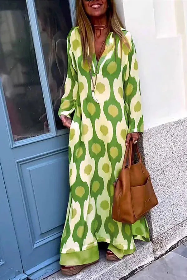 Amy Fashion - 2024 Geometric Printing Split Autumn V Neck Boho Dress