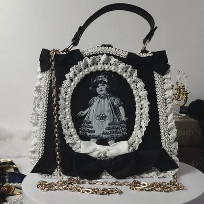 Punk Pearl Imitation Satchels Vintage Lace Black White Bowtie Doll Bag