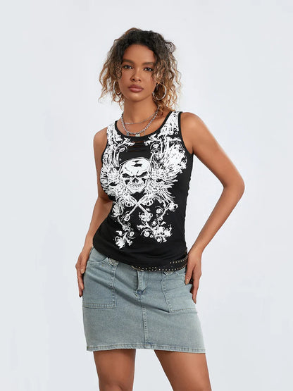 Crop Summer Goth Running Tank Sleeveless Top Fairy Hollow-Out Print Grunge Skull