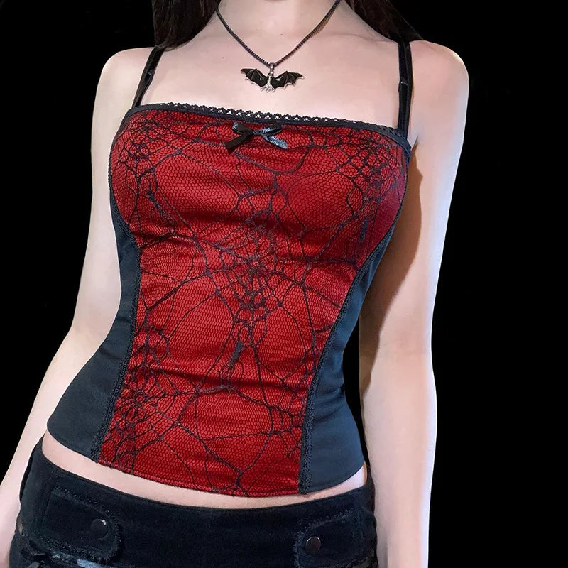 Gothic Web Pattern Top Sleeveless Backless Spider Crop Zipper