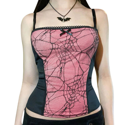 Gothic Web Pattern Top Sleeveless Backless Spider Crop Zipper