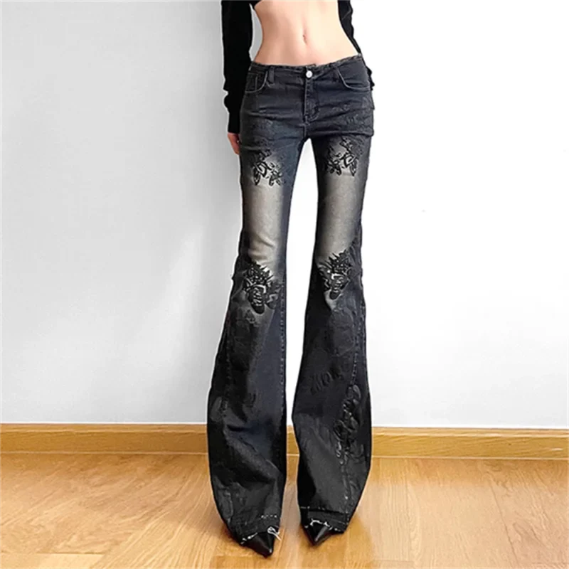 Women Gothic 90s Flare Jeans Aesthetic Low Waist Y2K Pants