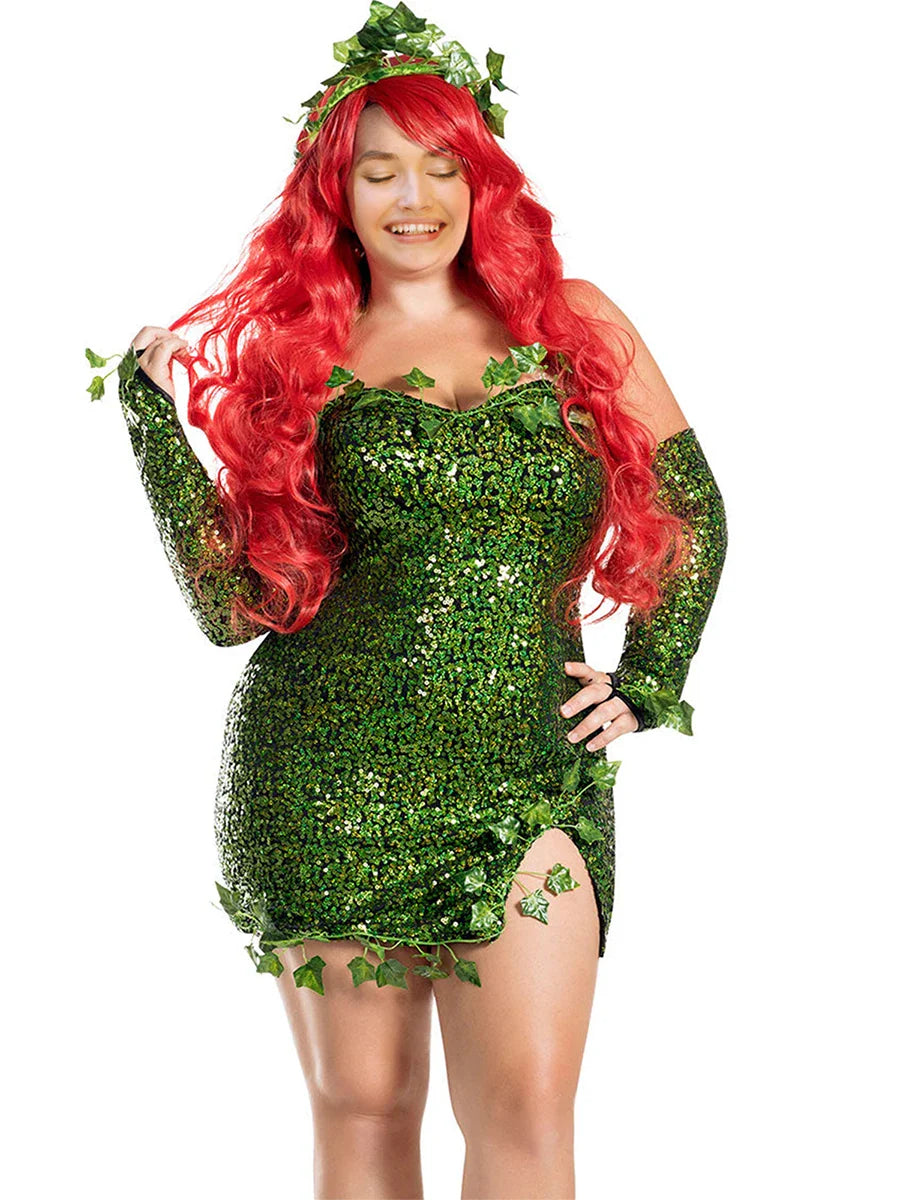 Cosplay Halloween Sleeveless Forest Green Sequin Fairy Poison Dress Ivy Costume