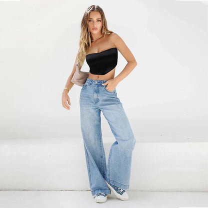 Wide Leg Denim Pockets Loose High Waist Full Length Zipper Fly Solid Color Streetwear Jean