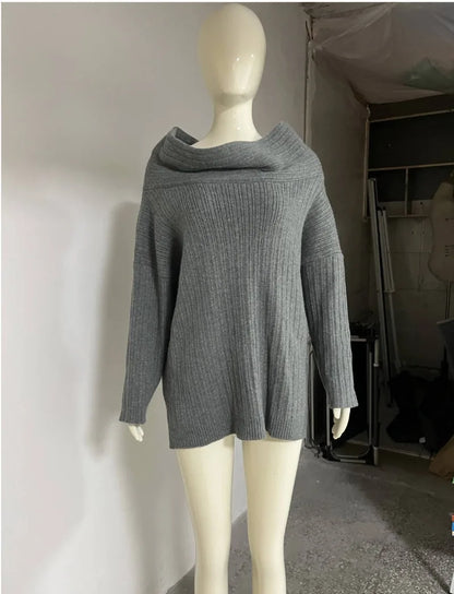 Women Knitted Pullovers 2024 Fall Winter Ribbed Off Shoulder Long Sleeve Loose Casual Oversized Streetwear Sweater