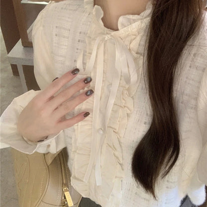 Elegant Lace Trim O-Neck Fall Sweet Cute Blouse