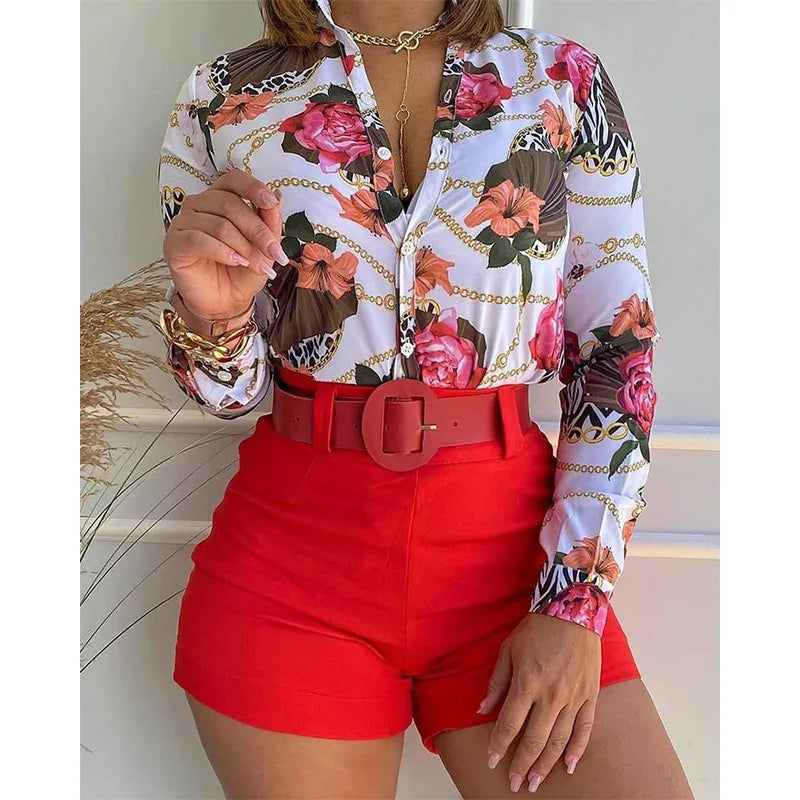 Floral Printed Tie Knot Top and Shorts Sets Blouse