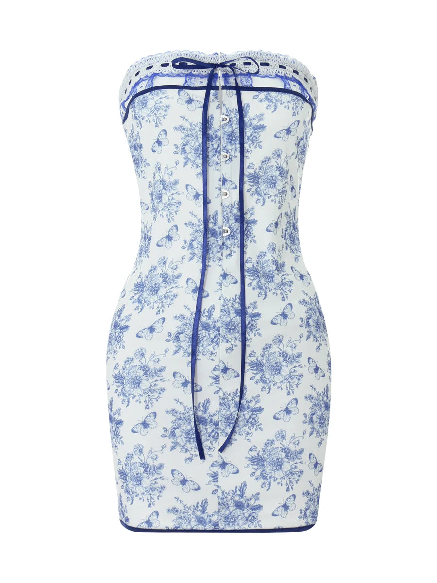 Amy Fashion - 2024 Off Shoulder Floral Print Lace-Up Boho Dress
