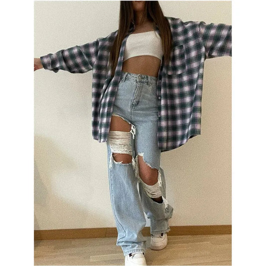 Ripped High Waist Hollow Out Straight-Leg Large Size Boyfriend Streetwear Y2K Jean