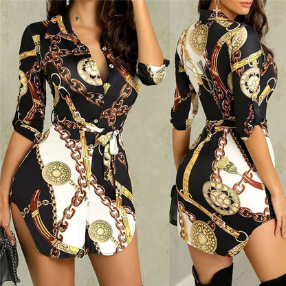 Amy Fashion - Chain Strap Print Half Sleeve Turn-down Button Shirt Dress