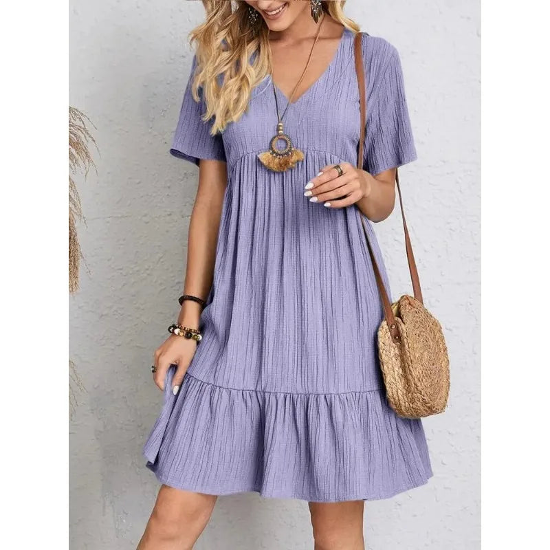 Amy Fashion - Solid V-Neck Short Sleeve Ruffles Boho Dress