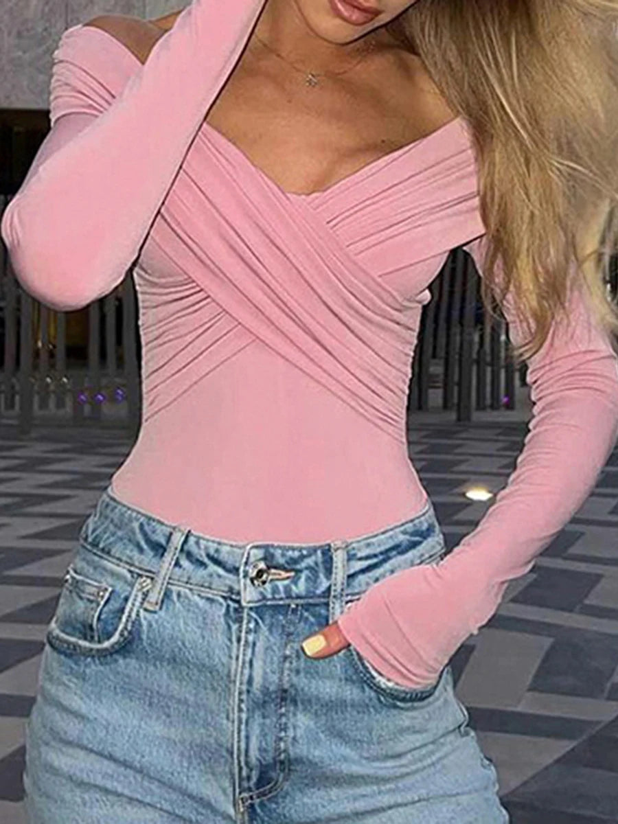 Solid Color Front Cross V-Neck Off Shoulder Blouse