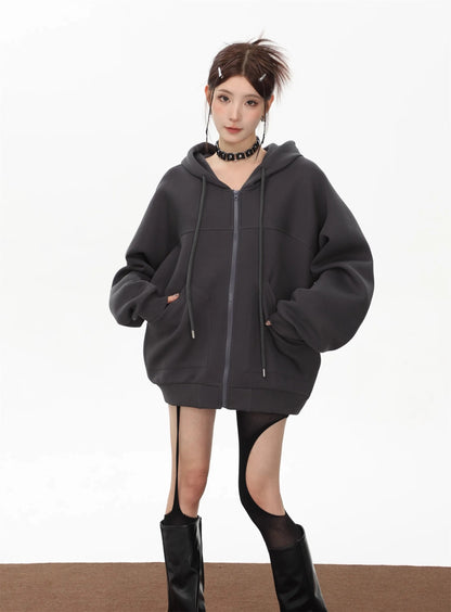 Solid Color Loose Hooded Harajuku Zip Up Long Sleeve Hoodie