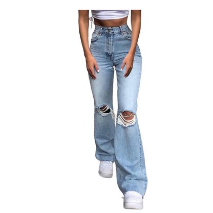 Streetwear Hollow Out Ripped Ragged High Waist Solid Color Retro Wide Leg Y2K Flare Jean