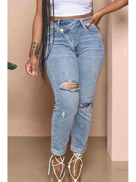 Amy Fashion - Classic Fashion Stretch Ripped Streetwear Denim Jean