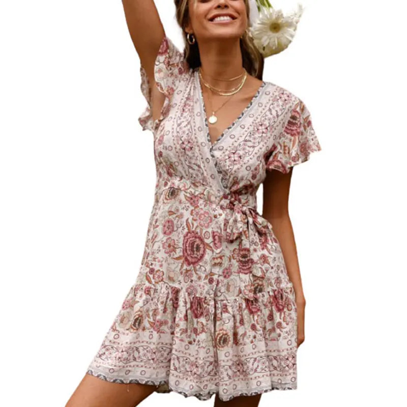 Amy Fashion - Summer Boho Floral Print Mini Wrap Beach Boho Dress