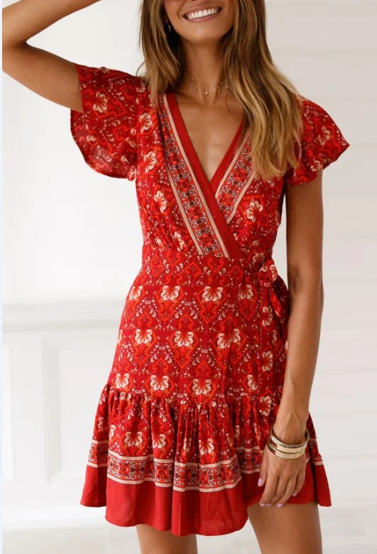 Amy Fashion - 2024 Summer Boho Floral Print Mini Wrap Beach Boho Dress