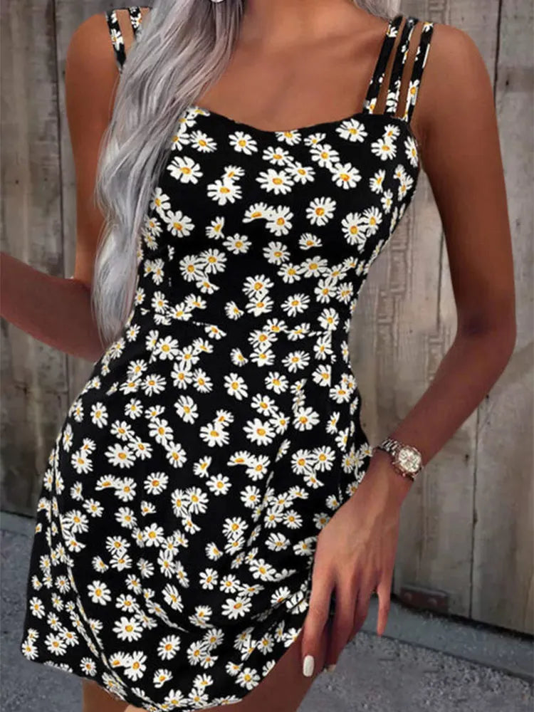 Amy Fashion - 2024 Summer Vintage Floral Daisy Print Sexy Boho Dress