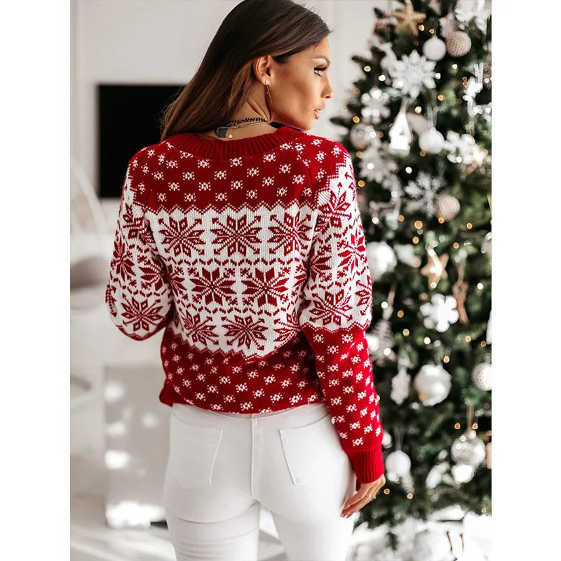 Christmas Snowflake Knitted Long Sleeve O Neck Casual Printed Sweater