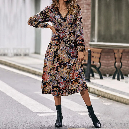 Amy Fashion - Autumn Sweet Fresh Bohemian Long Sleeve Floral Boho Dress