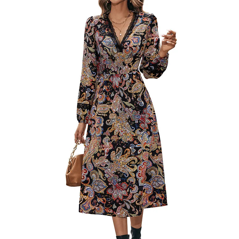 Amy Fashion - 2024 Autumn Sweet Fresh Bohemian Long Sleeve Floral Boho Dress
