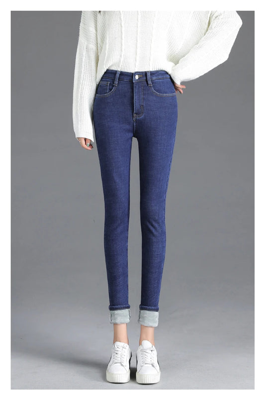 Amy Fashion - Thickened High Waist Warm Casual Slim Stretch Denim Plus Velvet Jean