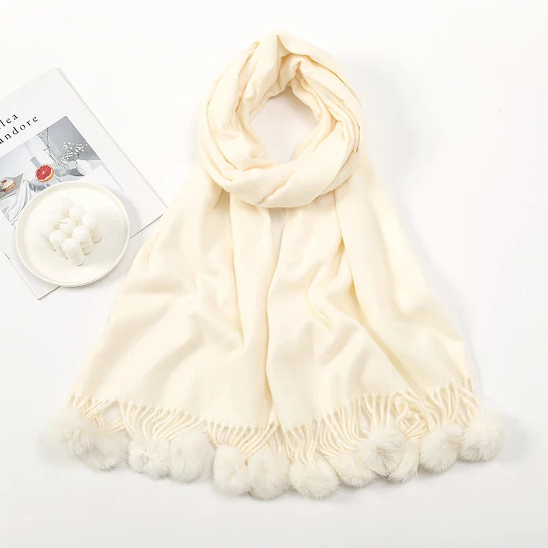 Rabbit Fur Ball Cashmere Pompom Oversize Blanket Scarf for Women