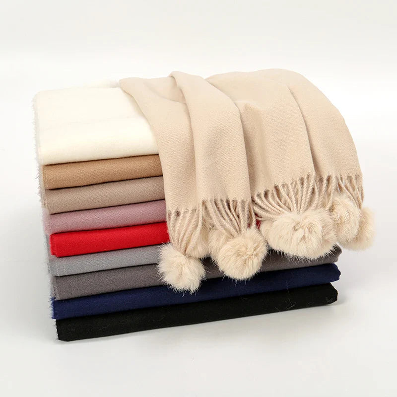 Rabbit Fur Ball Cashmere Pompom Oversize Blanket Scarf For Women Scarfs-L