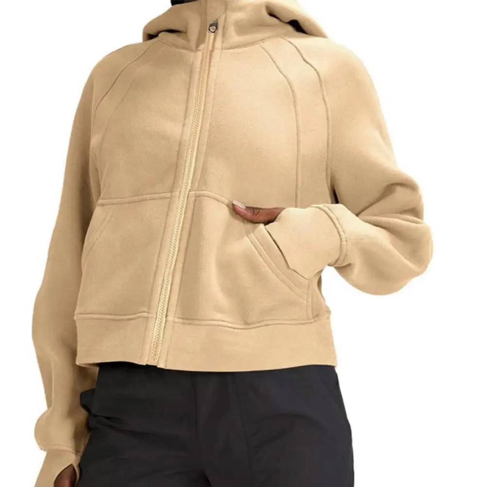 Winter Fleece Pocket Hooded Zipper  Neck Protection Warm Hoodie