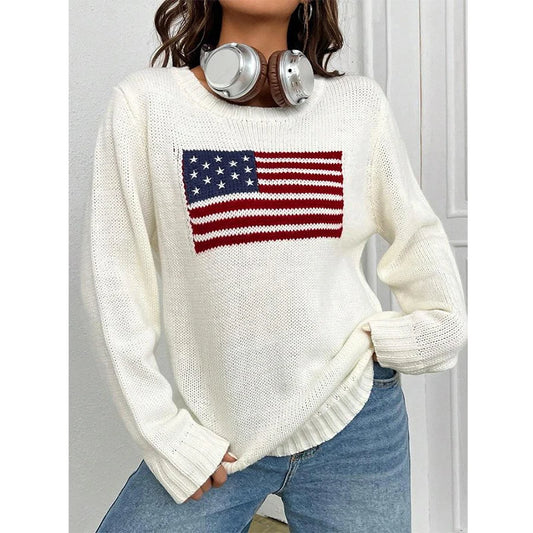 American Flag Embroidery Long Sleeve Crewneck Vintage Loose Sweater