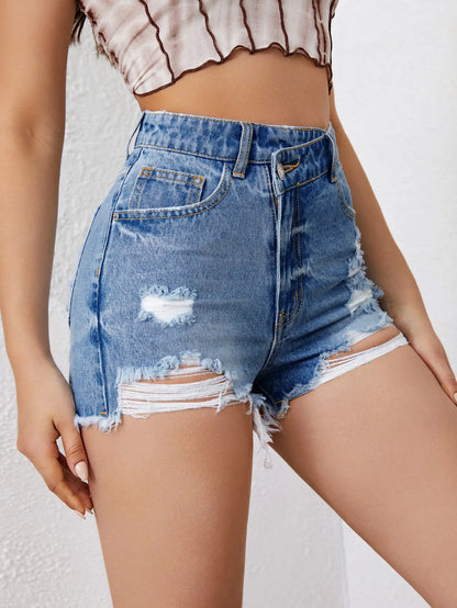 Asymmetrical High Ripped Distressed Frayed Raw Hem Short