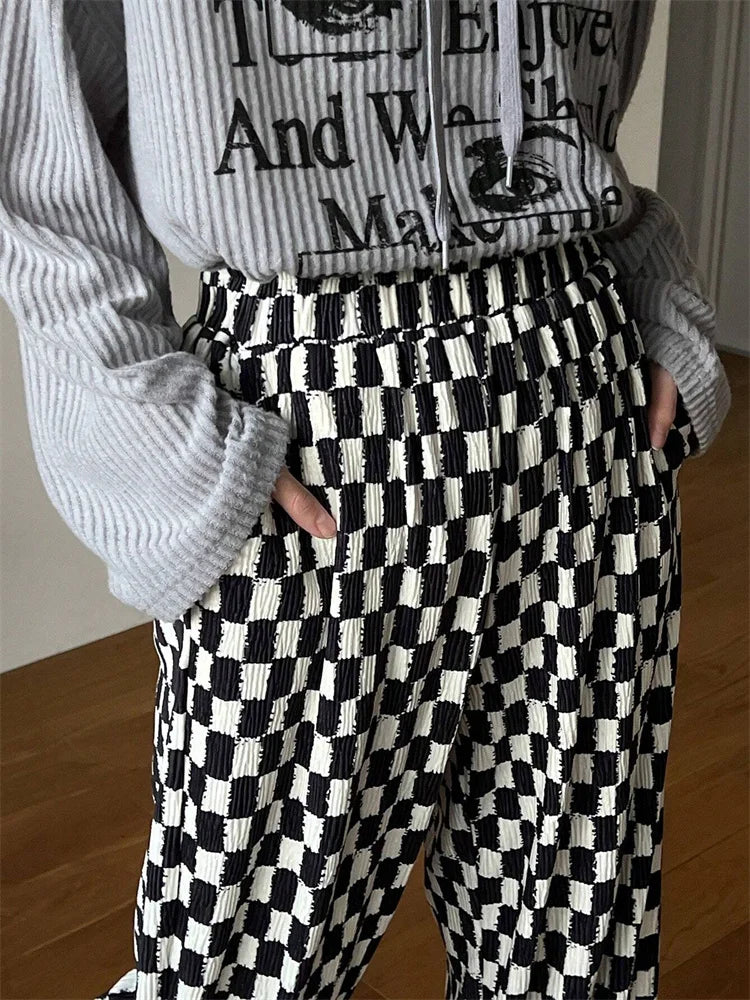 Checkerboard Print Autumn Winter Y2K Side Split Straight Elastic High Trouser