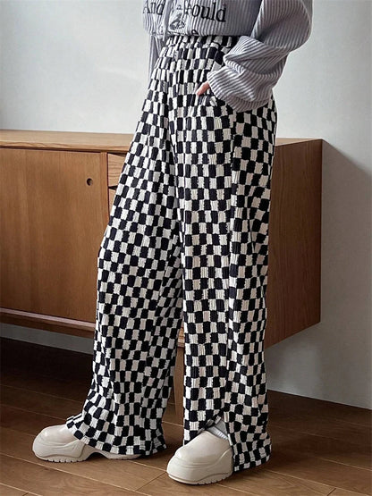 Checkerboard Print Autumn Winter Y2K Side Split Straight Elastic High Trouser