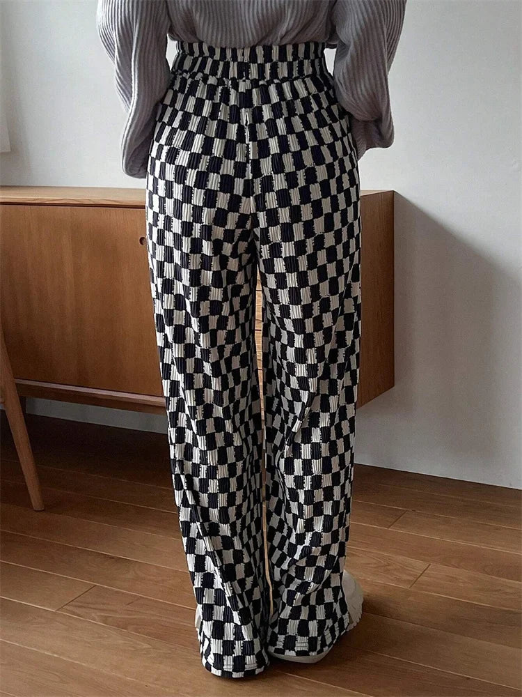 Checkerboard Print Autumn Winter Y2K Side Split Straight Elastic High Trouser