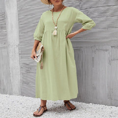 Amy Fashion - Loose Solid Lantern Sleeve Pocket Dresses