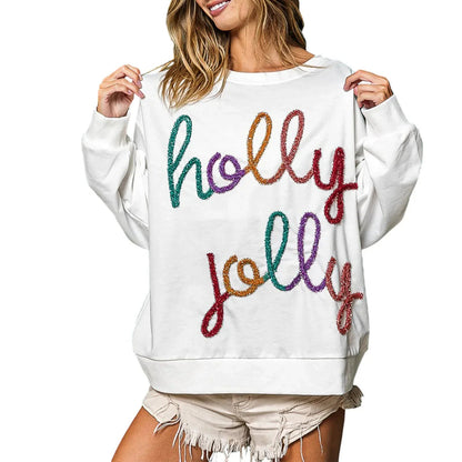 Sequin Letter Pattern Long Sleeve Round Neck Loose Christmas Hoodie