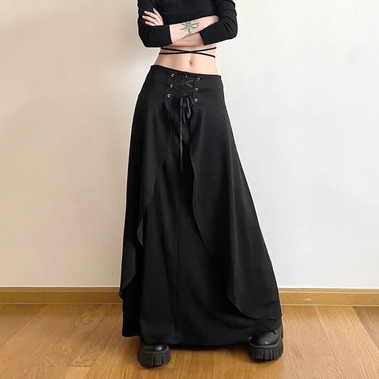 Wedding Skirt Layered Vintage Party Ruffle Elegant Guest A Waist Line High Solid Black Maxi Cake Y2K Women's