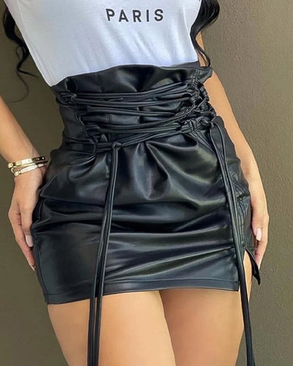 Motorcycle Latest Fashion Urban Style Lace Up High Waist PU Leather Mini Skirt