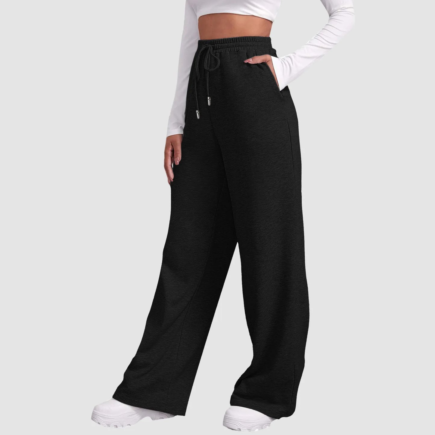 Spring Summer Wide High Waist Loose Straight Casual Solid Trouser