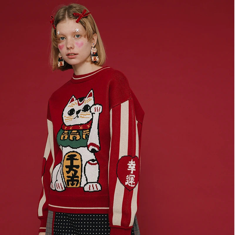 Retro Lucky Cat Red Cotton Christmas Sweater