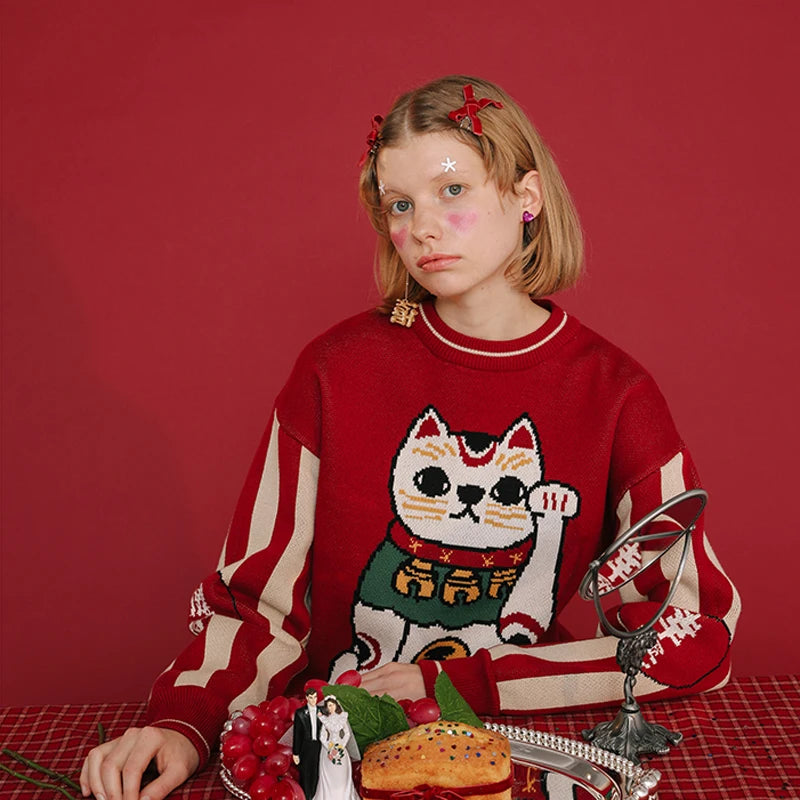 Retro Lucky Cat Red Cotton Christmas Sweater