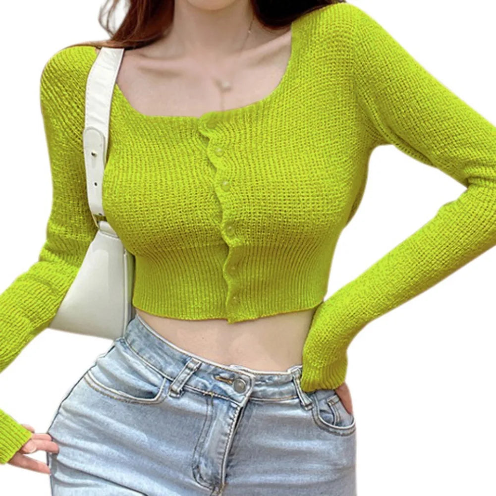 Sexy Summer Button Up Square Neck Long Sleeve Crop Sweater