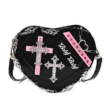 Metal Punk Shoulder Crossbody Heart-Shaped Leather Gothic Decoration Bag