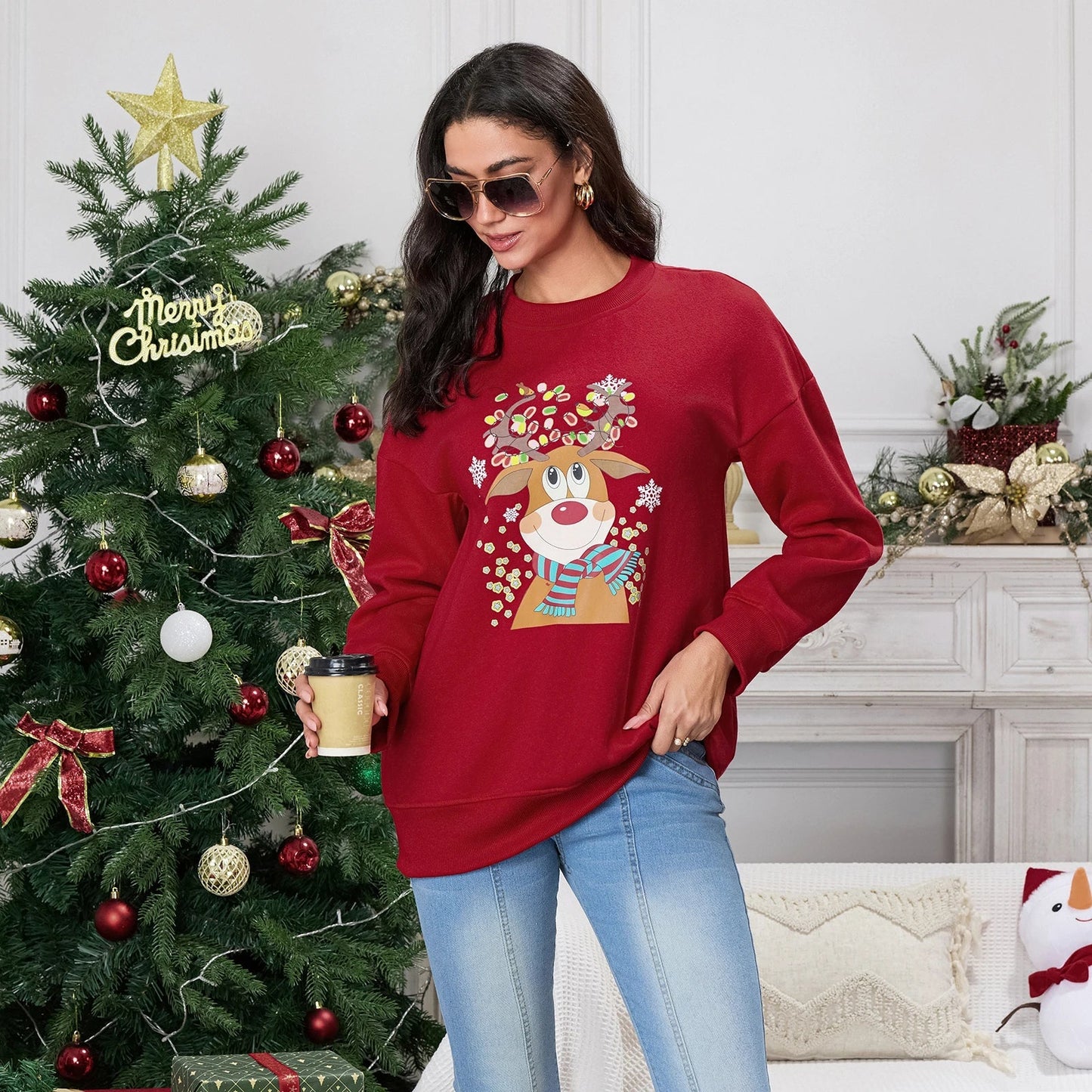 Christmas Deer Print Crew Neck Hoodie