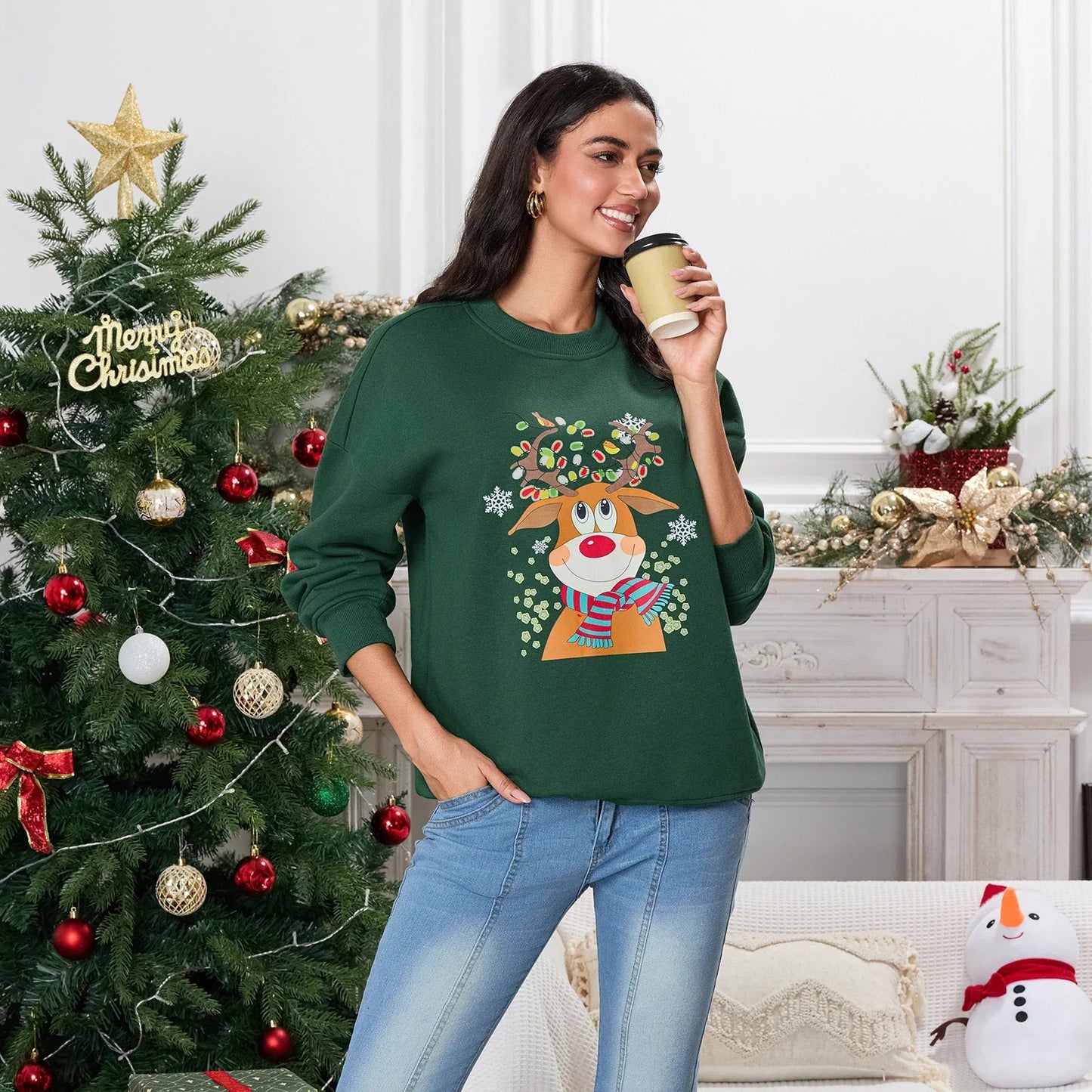 Christmas Deer Print Crew Neck Hoodie