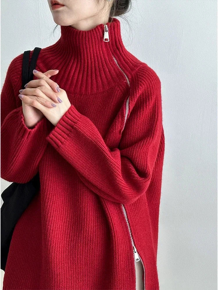 Women's Zipper Oversize Fashion Women 2024 Autumn Knitwear Loose Thick Warm High Neck Cozy Sweater