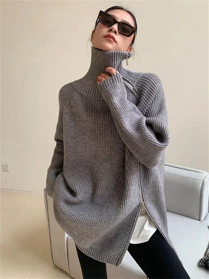 Women's Zipper Oversize Fashion Women 2024 Autumn Knitwear Loose Thick Warm High Neck Cozy Sweater