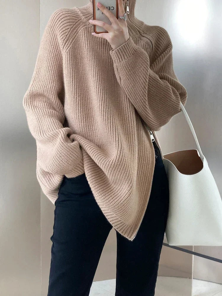 Women's Zipper Oversize Fashion Women 2024 Autumn Knitwear Loose Thick Warm High Neck Cozy Sweater