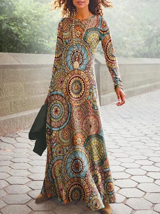 Amy Fashion - Vintage Geometric Print Long Sleeve Boho Dress